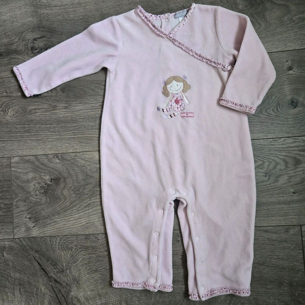 Carter’s 24M Pale Pink Long Sleeve Romper with Floral Trim & Embroidered Girl